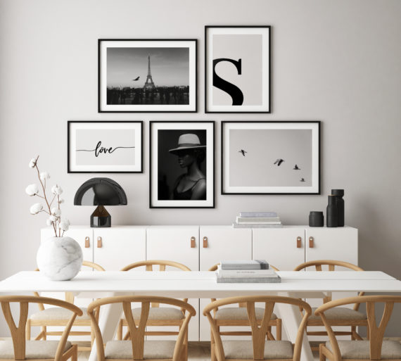 Plakat Love; Klasyczny Paryż; Kobieta w kapeluszu; Litera S; Ptaki na niebie