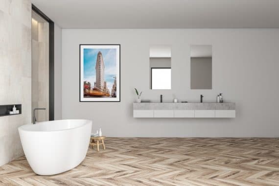 White tile bathrom interior tub and sink side view