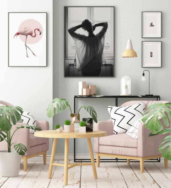 Plakat Różowy flaming; Poranek w oknie; Slow (white); Life (white)